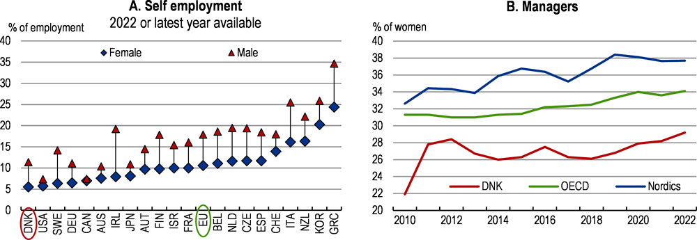 Figure 1.27. Danish women are much less likely to be self-employed or managers