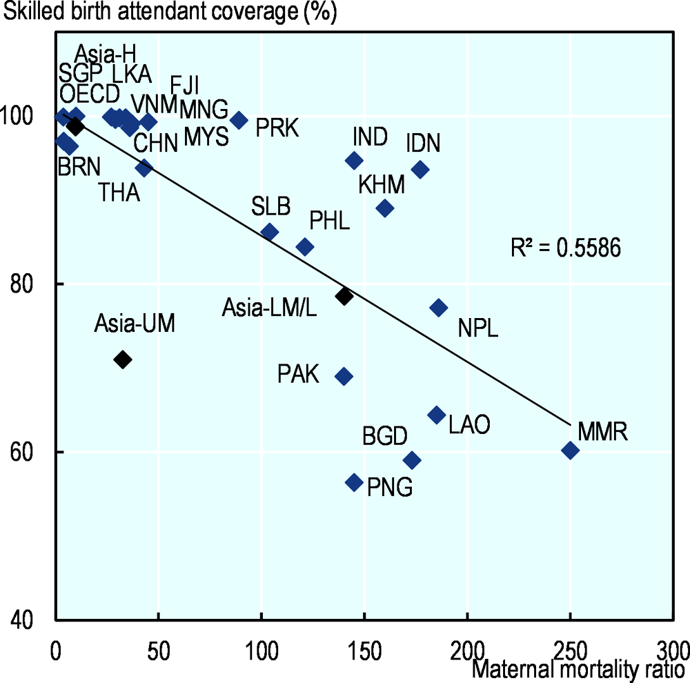 Figure 3.21. Skilled birth attendant coverage and maternal mortality ratio, latest year available