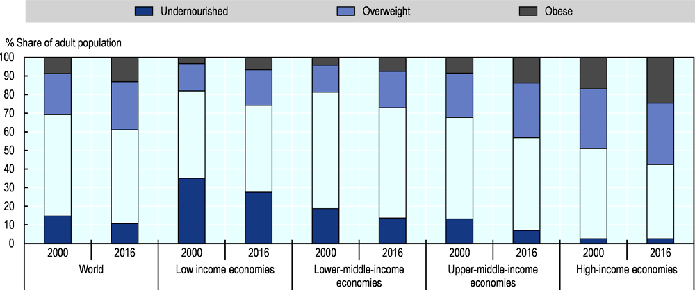 Figure 1.19. Undernourishment, overweight and obesity, 2000-2016