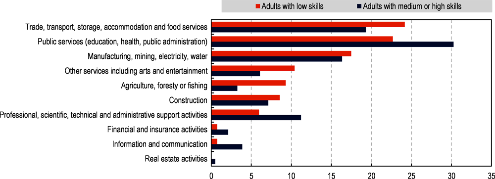 Figure 4.5. Low-skilled adults are overrepresented in sectors with more manual and routine jobs