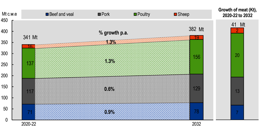 Figure 6.4. Growth of meat production by meat type, 2032 vs. 2020-22