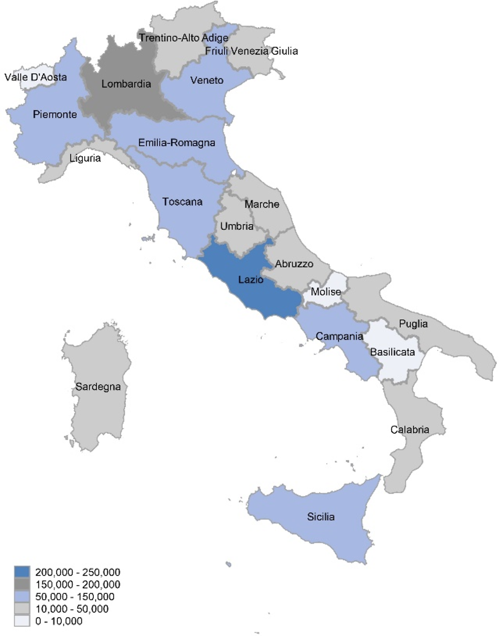 Figure 1.10. Regional distribution of Romanian emigrants in Italy, 2016