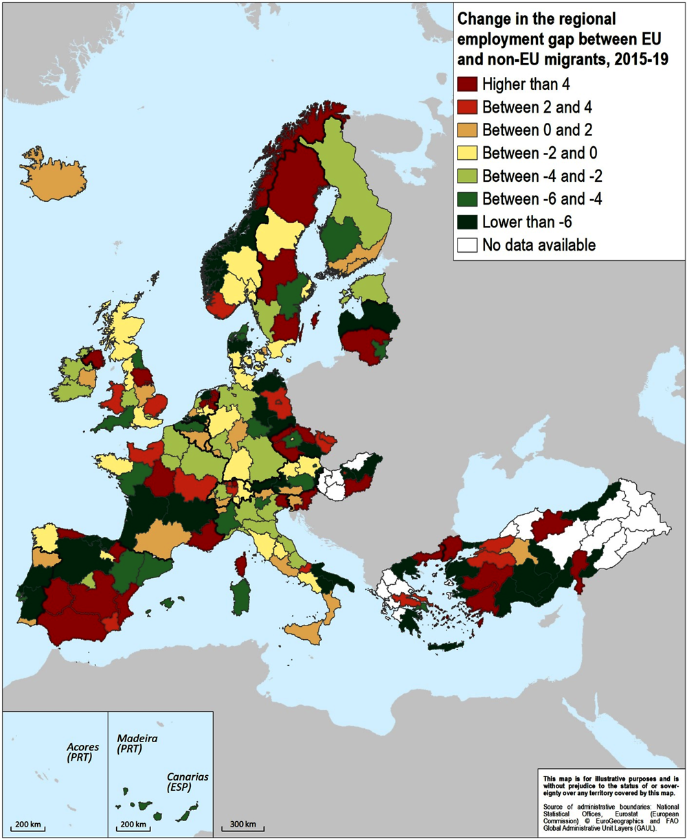 Figure 2.11. Change in the regional employment gap between EU and non-EU migrants, 2015-19