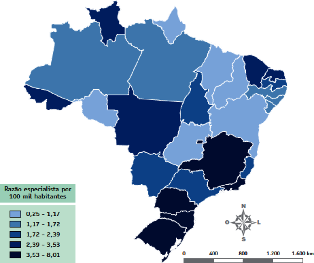 Figure 5.2. Density of family and community medicine in Brazil per States, 2018