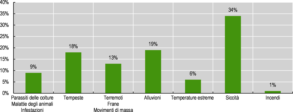 Figura 2.2. Perdita totale in termini di produzione agricola e zootecnica per tipo di calamità, LDC e LMIC, 2008-2018