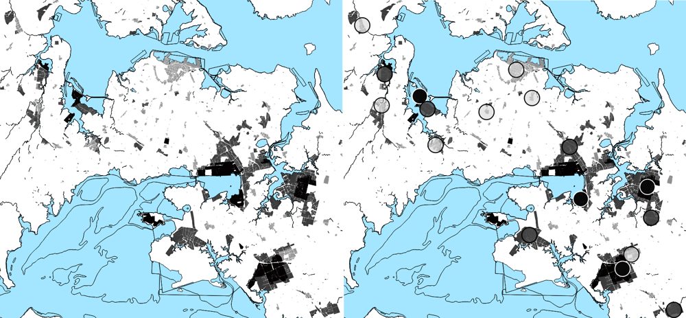 Figure 4.2. From employment primary parcels in GIS data to job hubs in MOLES