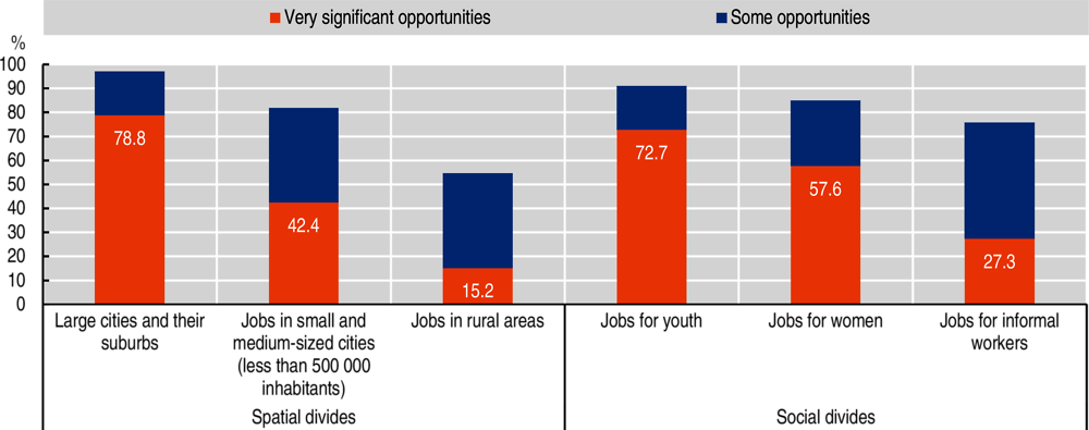 Figure 2.2. Opportunities brought by digitalisation for creating jobs in Africa according to geographical situation and social group: Results from the AUC/OECD 2020 Expert Survey on Digitalisation in Africa