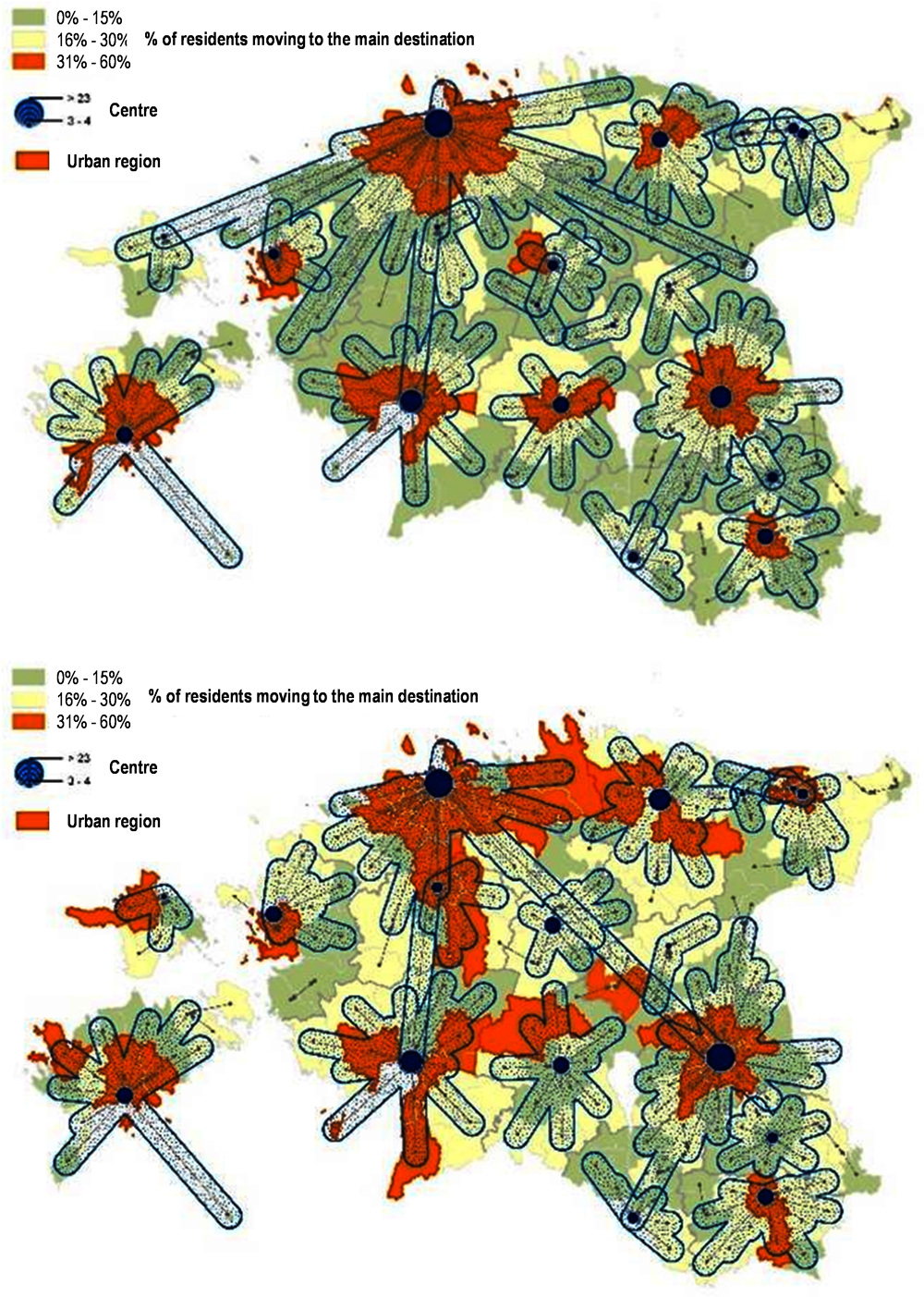 Figure 3.7. City centres, urban areas and their economic area of influence in Estonia