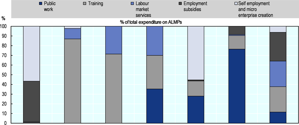 Figure 3.9. Share of expenditure on ALMPs by type of programme in Brazil and selected countries, 2013 