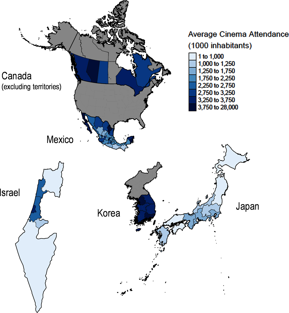 Figure 2.13. Average number of cinema attendance per 1 000 inhabitants in Canada, Mexico, Israel, Korea, and Japan