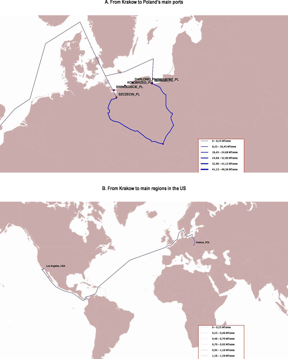 Figure 3.20. Transport routes from Krakow to Poland’s main ports and from Krakow to main regions in the US