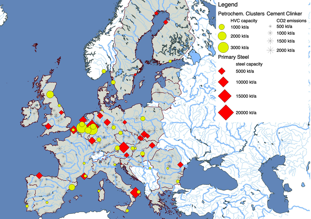 Figure 3.2. Petrochemicals, steel and cement production is spread across Europe