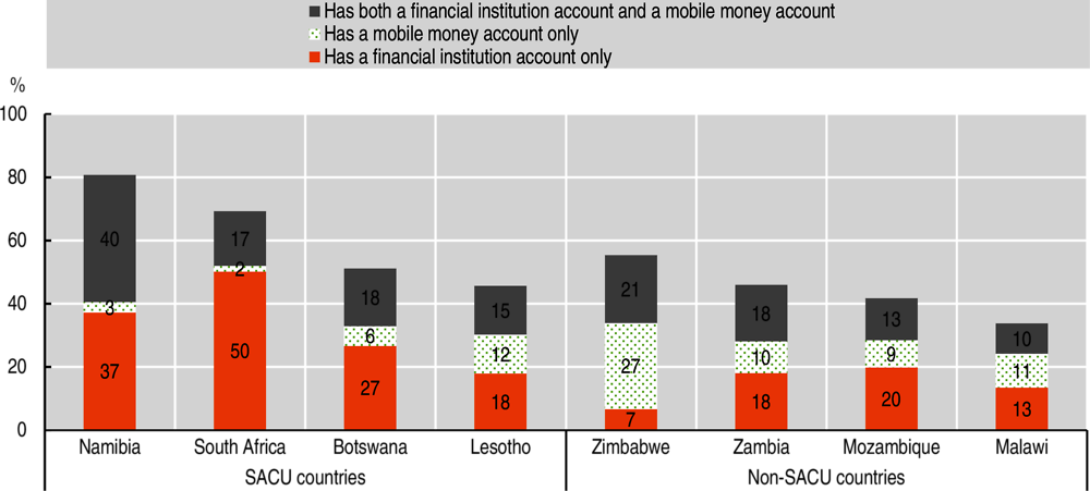 Figure 3.5. Financial inclusion in selected Southern African countries, 2017 (as a percentage of the population aged 15 and over)