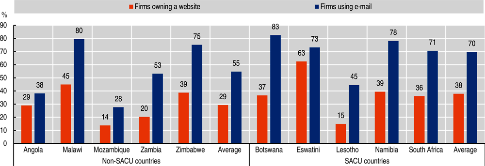 Figure 3.7. The prevalence of digital adoption among formal manufacturing and service firms in Southern Africa (as a percentage of firms)