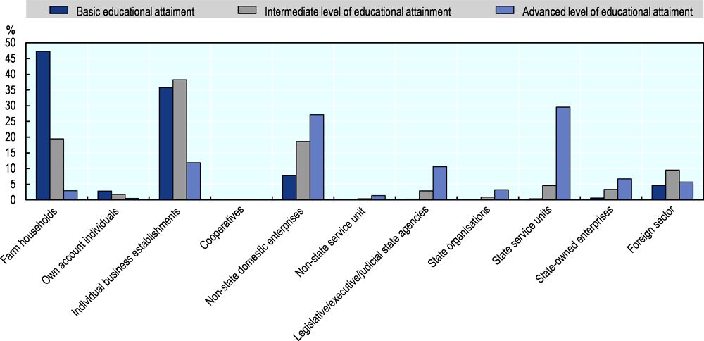 Figure ‎6.9. Distribution of employment by type of employer and educational attainment, 15-64 year-olds (2018)