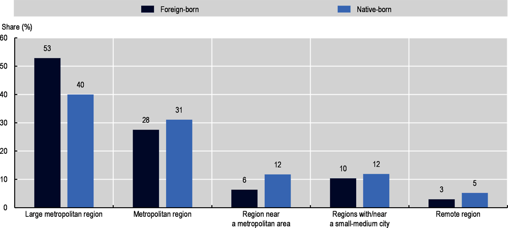 Figure 1.11. Distribution of the foreign- and native-born population by type of TL3 region, 2019