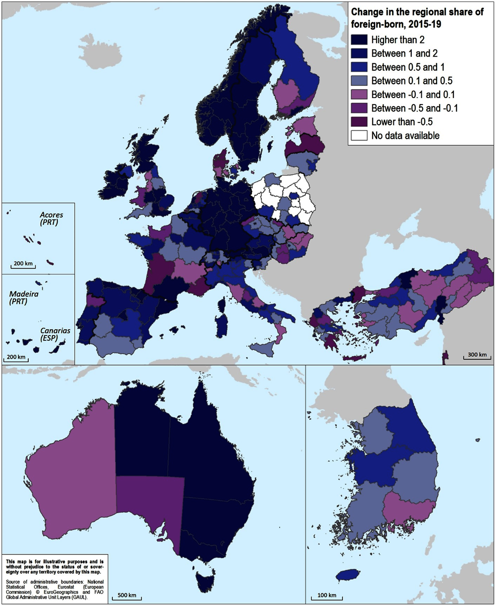 Figure 1.7. Change in the share of foreign-born population across OECD regions, 2015-19