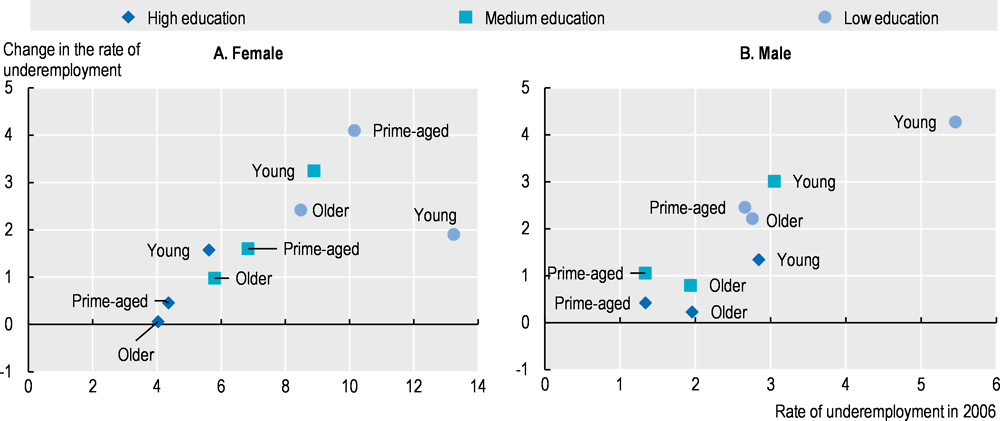 Figure 3.9. The young and those with low education have seen the largest increases in under-employment