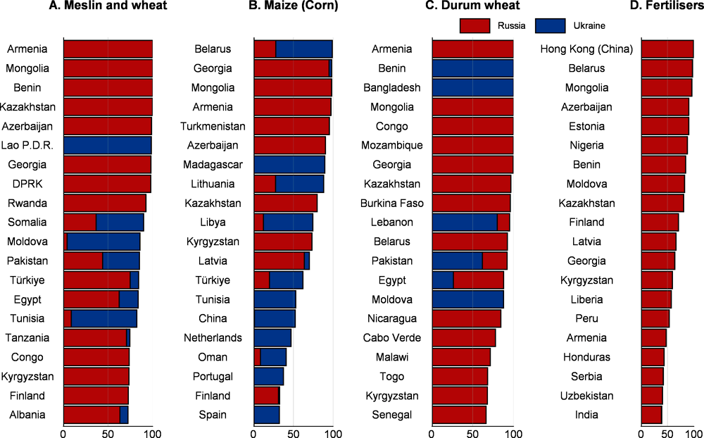 Figure 1.4. Many lower-income countries rely heavily on cereal and fertiliser imports from Russia and Ukraine