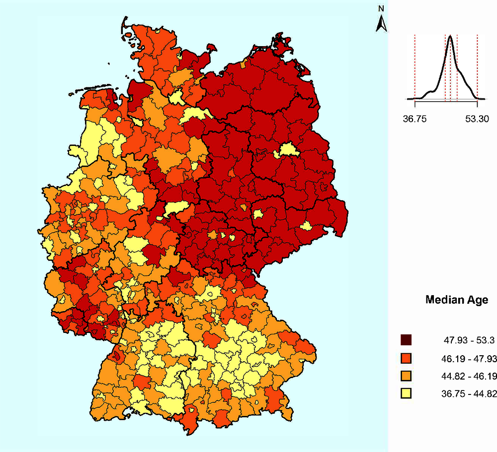 Figure 3.1. Median age by German district, 2013