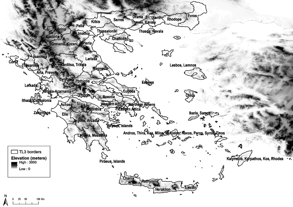 Figure 2.8. Elevation in Greece and TL3 administrative divisions