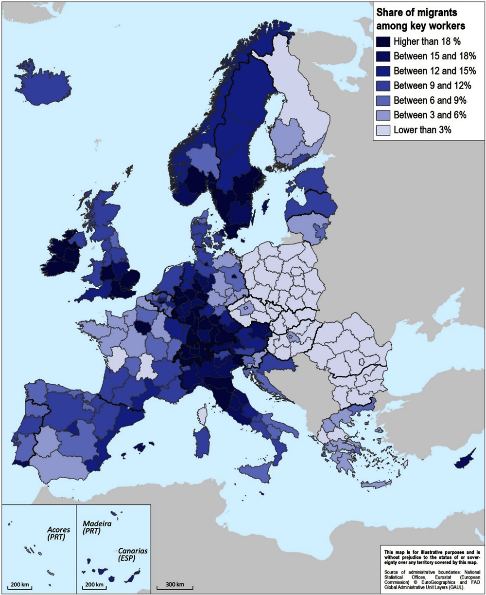 Figure 3.8. Migrant key workers across European regions, 2019