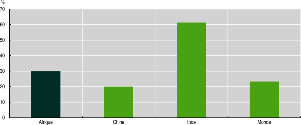 Graphique 1.13. Évolution en pourcentage des décès prématurés liés à la pollution par les particules dans l’air ambiant en Afrique, en Chine, en Inde et dans le monde, 2010-19