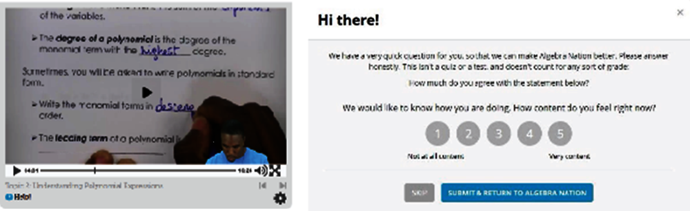 Figure 4.6. Sample video (left) in the Algebra Nation platform along with a self-report engagement questionnaire (right)