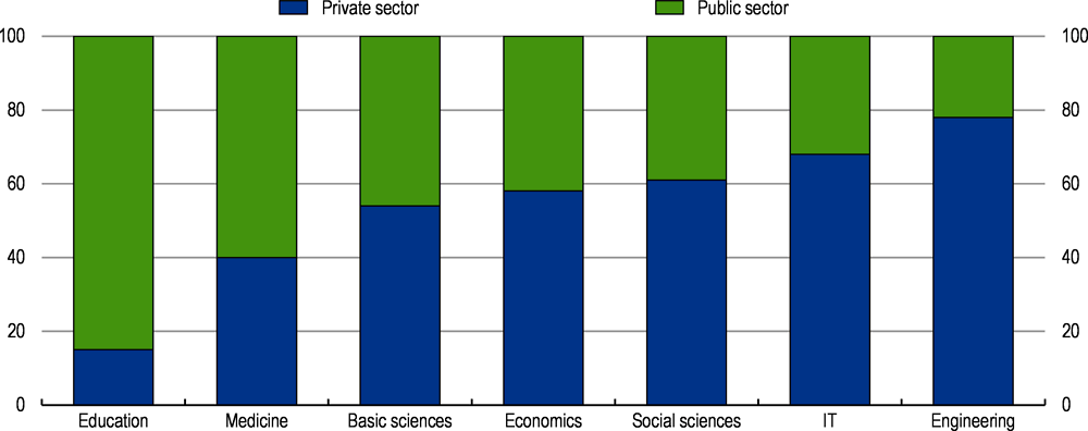 Figure 2.20. Graduates in education and medicine are employed mostly in the public sector