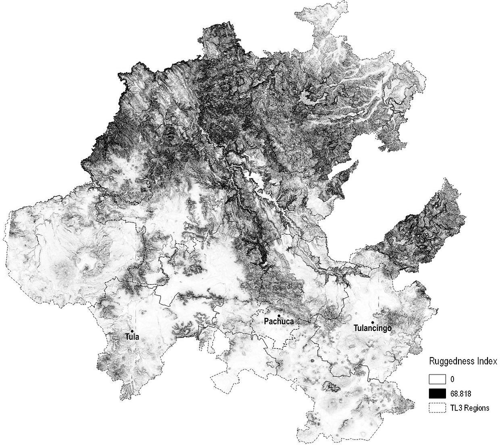 Figure 1.12. Ruggedness index and location of main cities, Hidalgo