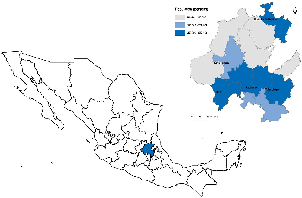 Figure 1.4. Location and population by TL3 regions, Hidalgo, 2016