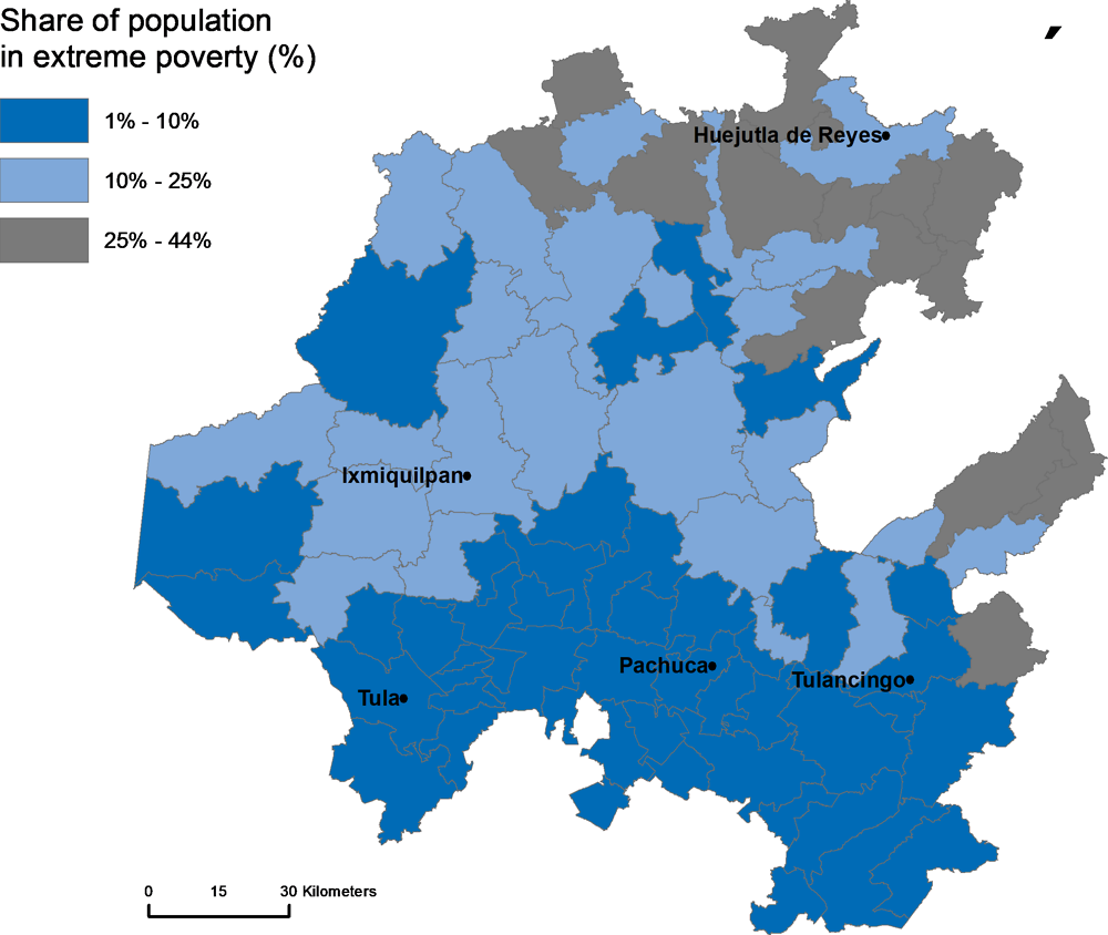 Figure 1.40. Share of population in extreme poverty by municipality, Hidalgo, 2015