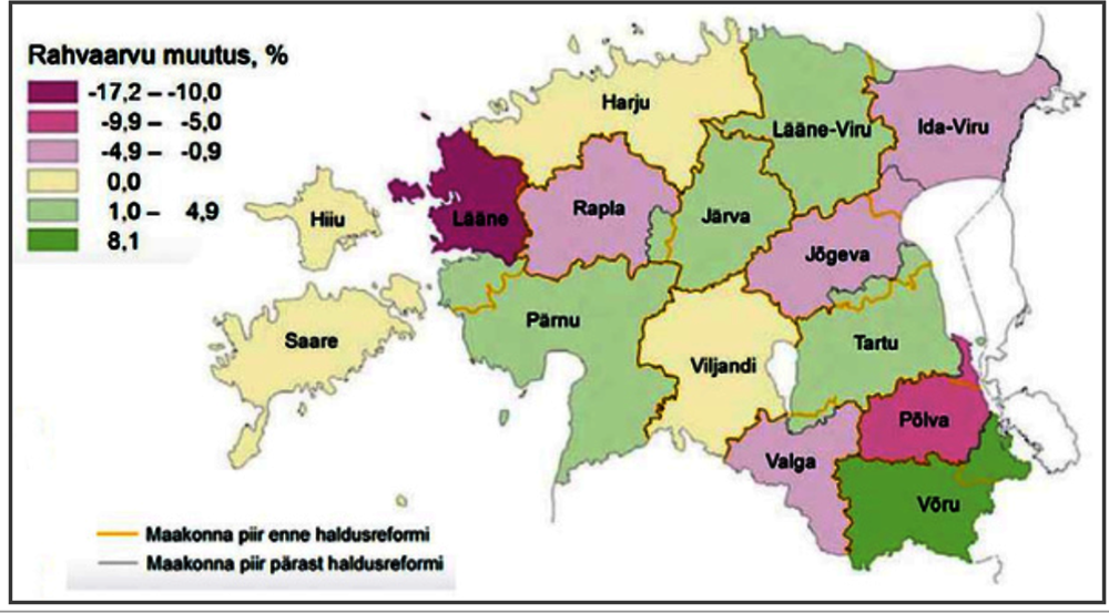 Figure 1.5. Changes in counties borders and population (%) after the administrative reform