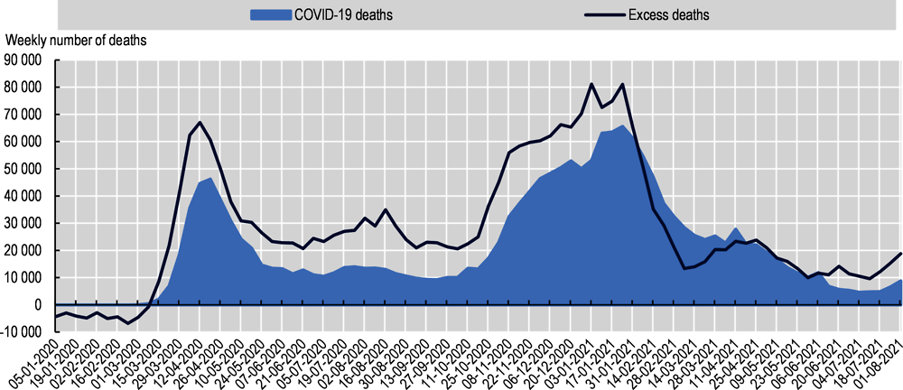 Figure 2.8. Weekly COVID-19 deaths compared to weekly excess deaths in 30 OECD countries, January 2020 to early August 2021