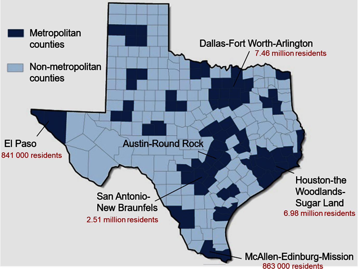 Metropolitan and non-metropolitan counties in Texas, 2018