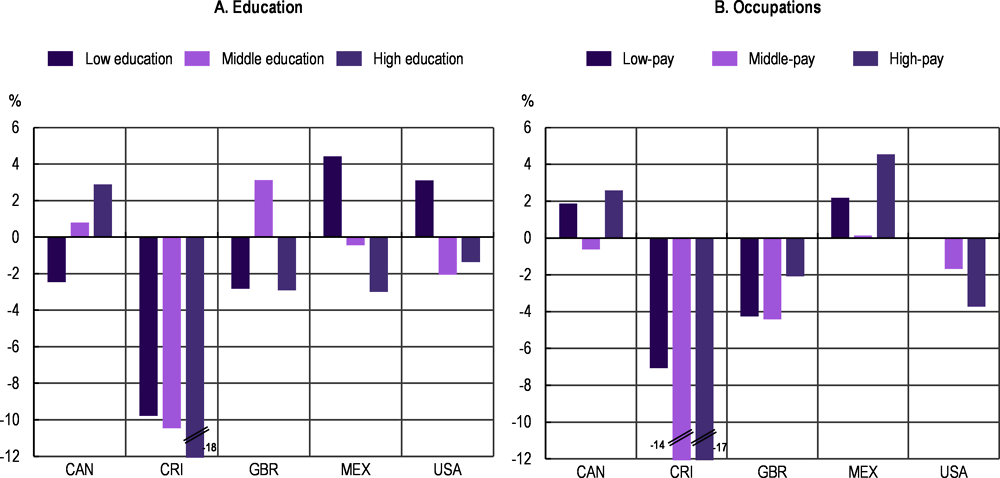 Figure 1.19. Changes in real wages by education and occupation vary across countries