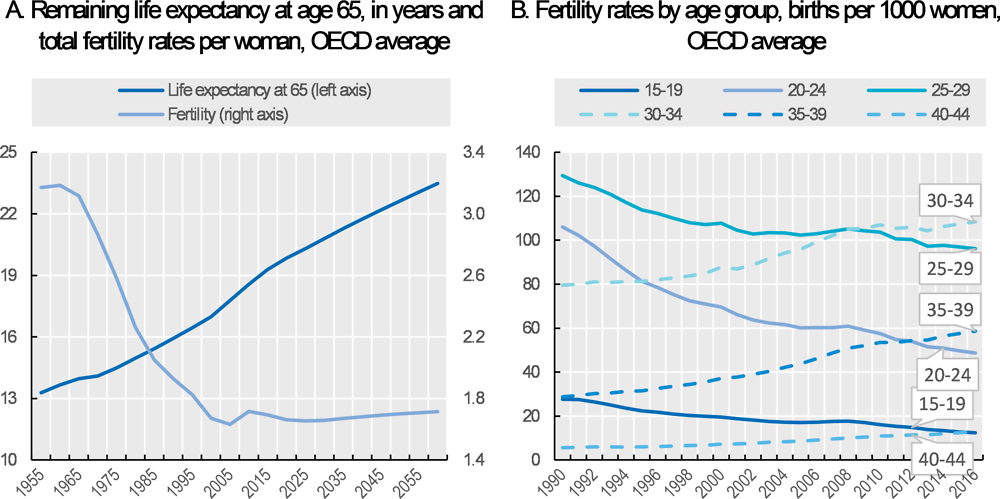 Figure 1.4. Projected life expectancy at age 65 keeps increasing while fertility remains low 