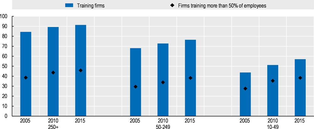 Figure 6.8. Training provision by firm size, EU28, 2005-15