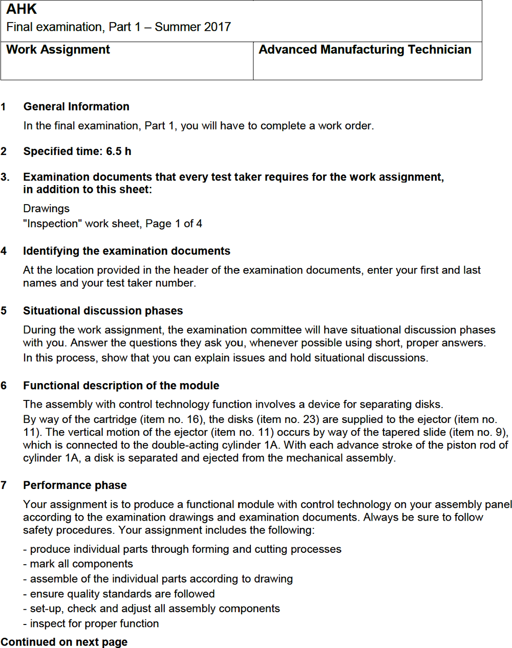 Figure 9.2. Excerpt of a work assignment for Advanced Manufacturing Technicians