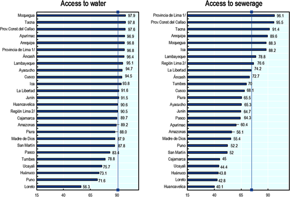 Figure 1.3. Share of the population with access to water and sewerage from the public network, by department