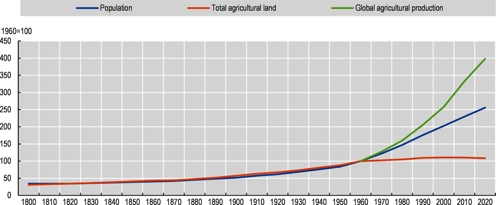 Figure 1.7. Population, food production and agricultural land use in the long run