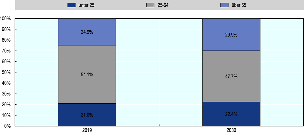 Abbildung 2.1. Altersverteilung innerhalb der brandenburgischen Bevölkerung (2019 und 2030)