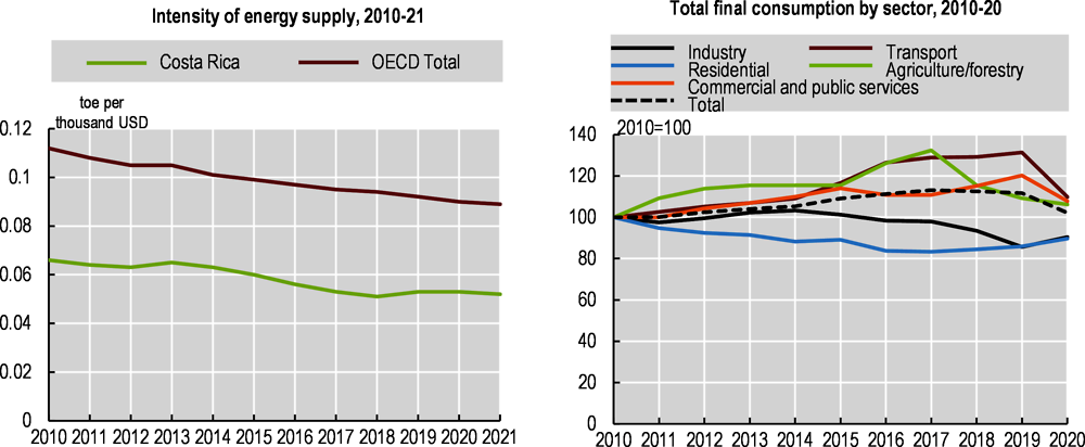 Figure 1.10. Energy intensity has declined, but energy use trends in transport and services are of concern