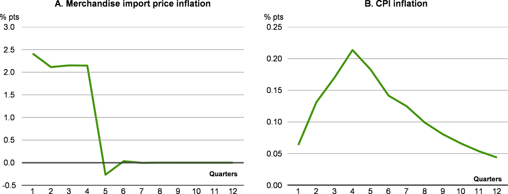 Figure 1.14. The effects of a change in shipping costs on OECD merchandise import price inflation and consumer price inflation