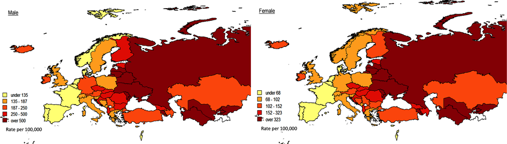 Figure 2.4. Age-standardised death rates from IHD, males and females, (latest available year), Europe