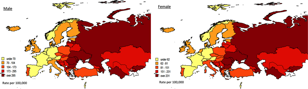 Figure 2.5. Age-standardised death rates from stroke, males and females, (latest available year), Europe